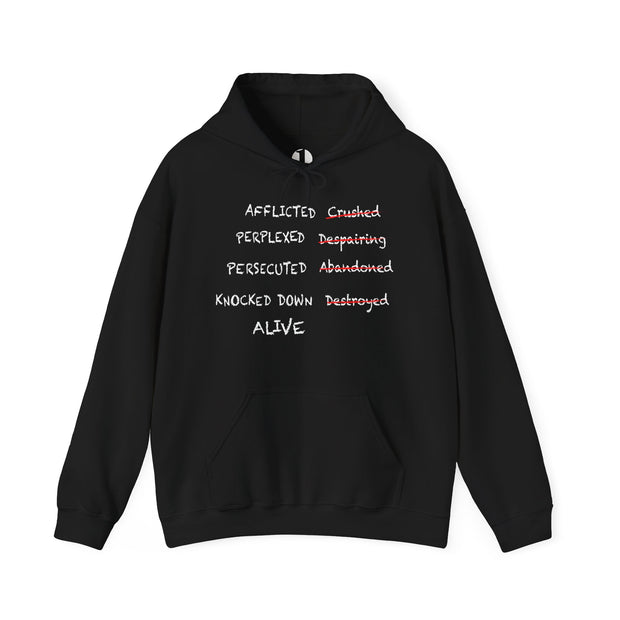 Black hoodie with graphic based on 2 Corinthians 4:8–9