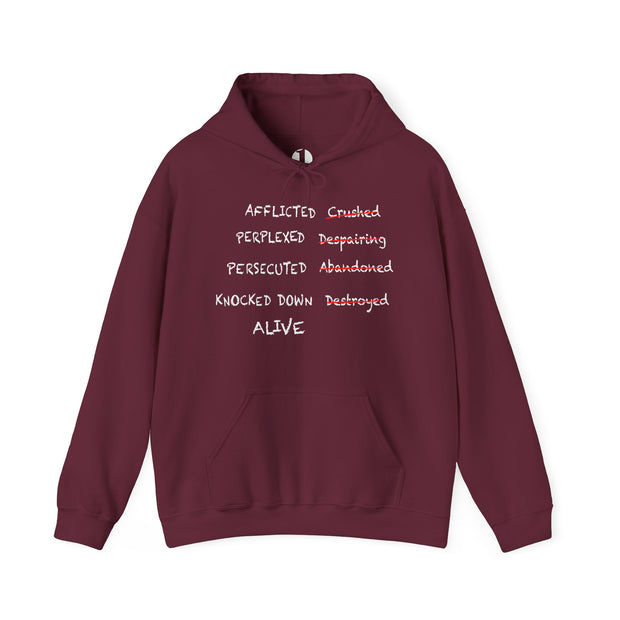 Maroon hoodie with graphic based on 2 Corinthians 4:8–9