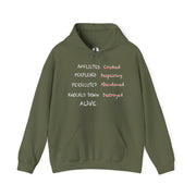 Military Green hoodie with graphic based on 2 Corinthians 4:8–9