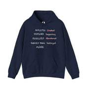 Navy Blue hoodie with graphic based on 2 Corinthians 4:8–9