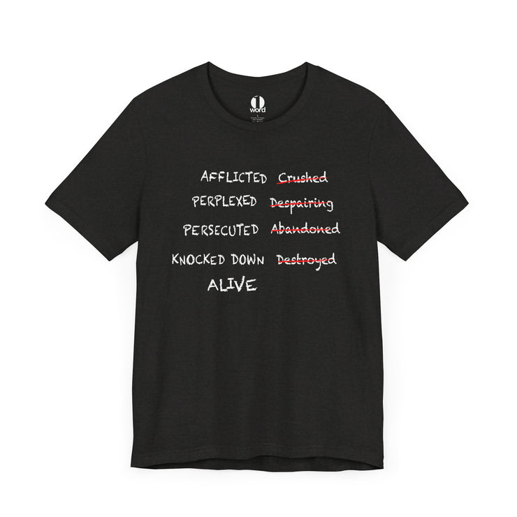 Black T-shirt with graphic based on 2 Corinthians 4:8–9