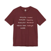 Heather cardinal T-shirt with graphic based on 2 Corinthians 4:8–9