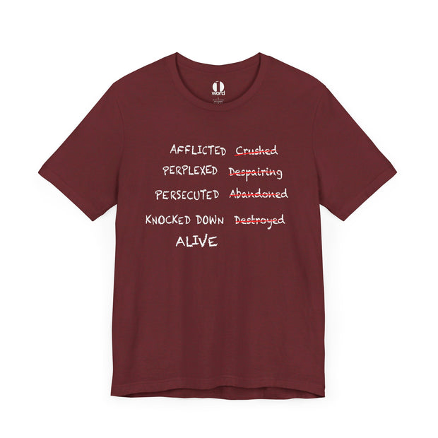 Heather cardinal T-shirt with graphic based on 2 Corinthians 4:8–9