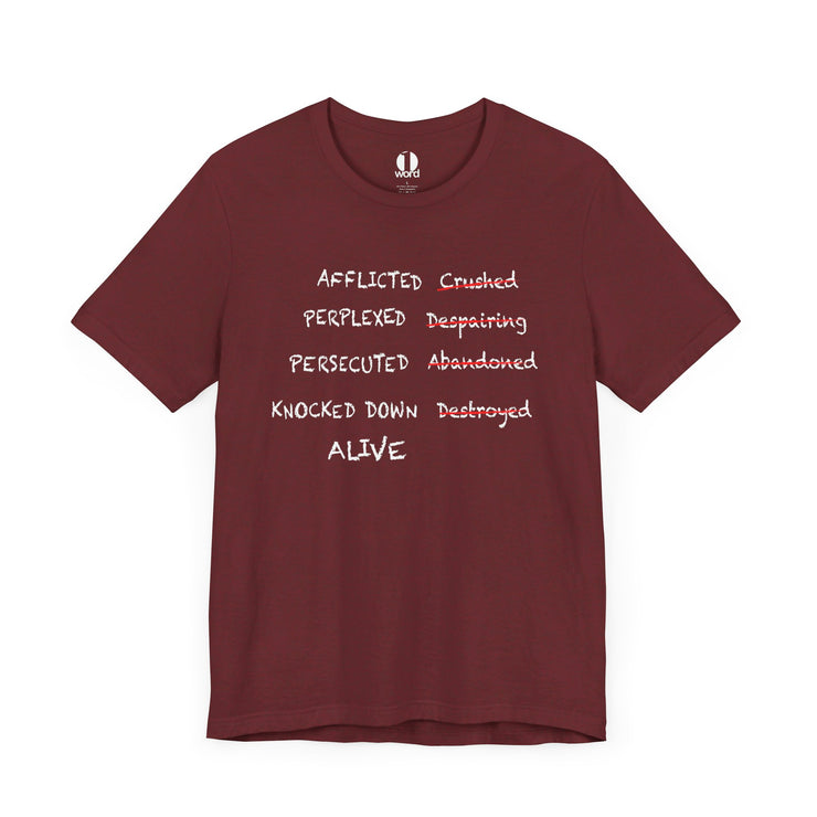 Heather cardinal T-shirt with graphic based on 2 Corinthians 4:8–9