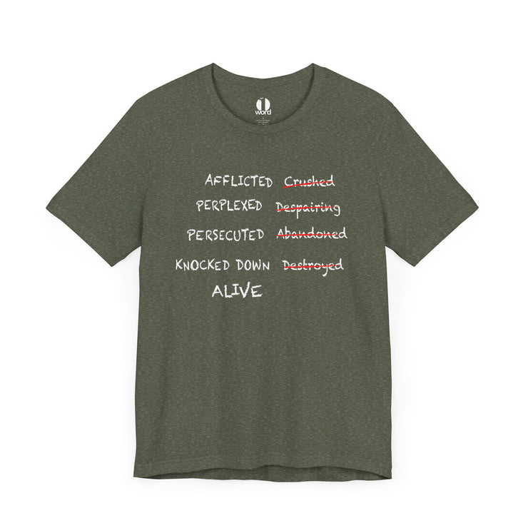 Heather military green T-shirt with graphic based on 2 Corinthians 4:8–9