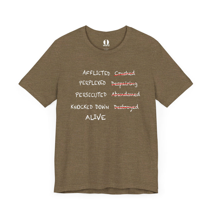 Heather olive T-shirt with graphic based on 2 Corinthians 4:8–9