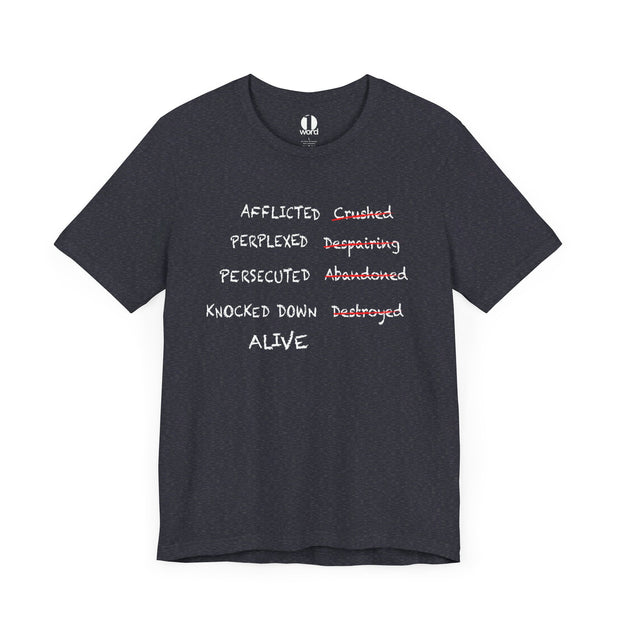 Navy blue heather T-shirt with graphic based on 2 Corinthians 4:8–9