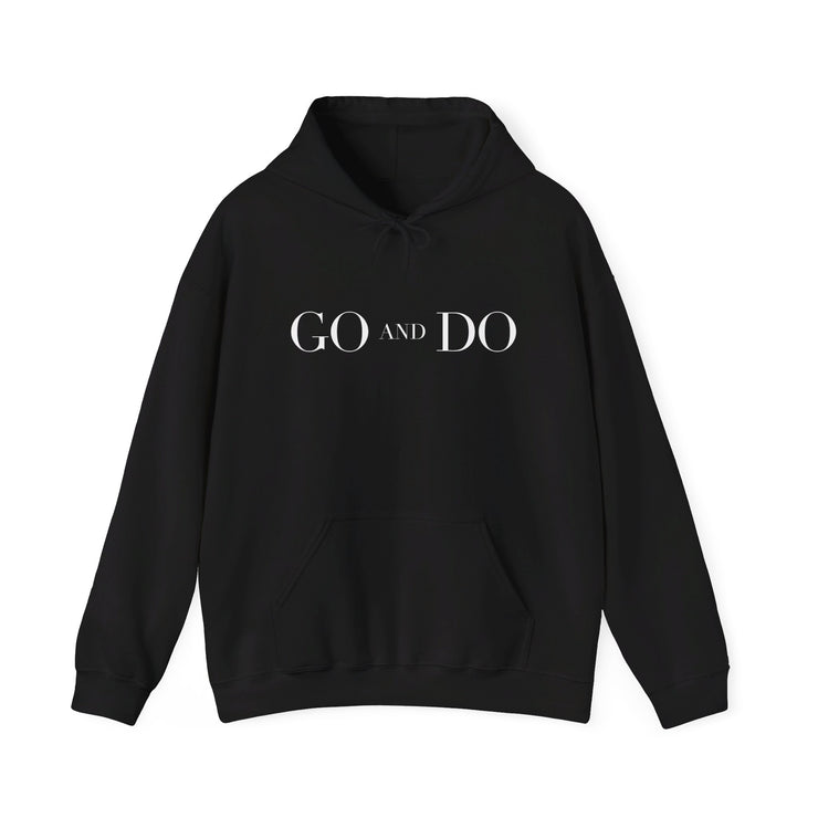 Black pullover hoodie with Go and Do graphic based on Luke 10:36