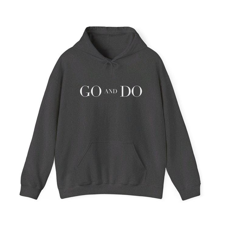 Dark heather gray pullover hoodie with Go and Do graphic based on Luke 10:36