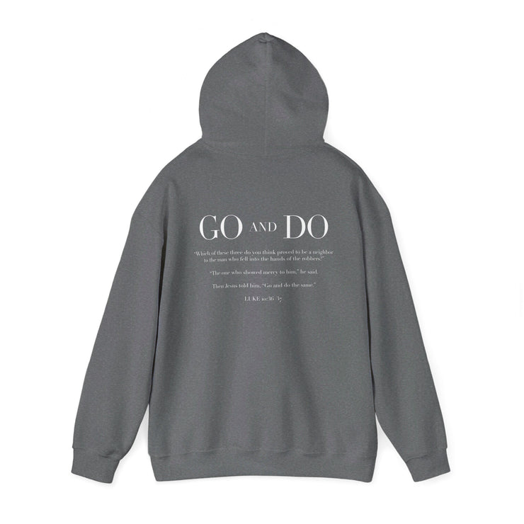 Graphite heather pullover hoodie with Go and Do graphic based on Luke 10:36