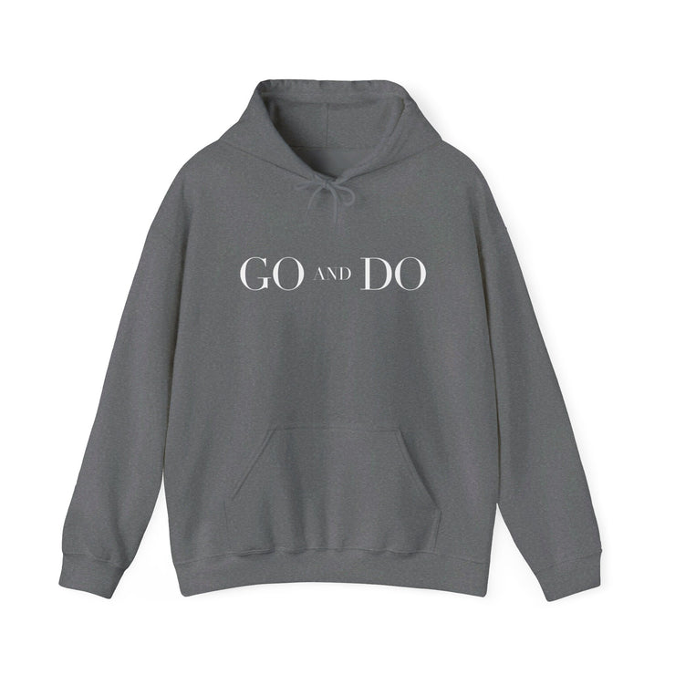 Graphite heather pullover hoodie with Go and Do graphic based on Luke 10:36