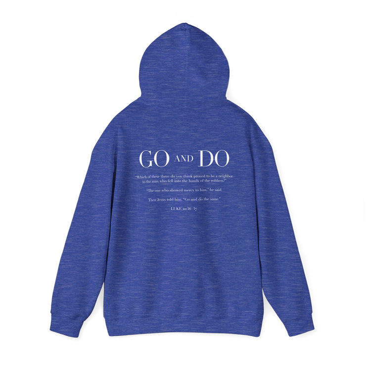 Heather blue pullover hoodie with Go and Do graphic based on Luke 10:36
