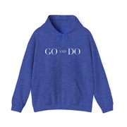 Heather blue pullover hoodie with Go and Do graphic based on Luke 10:36