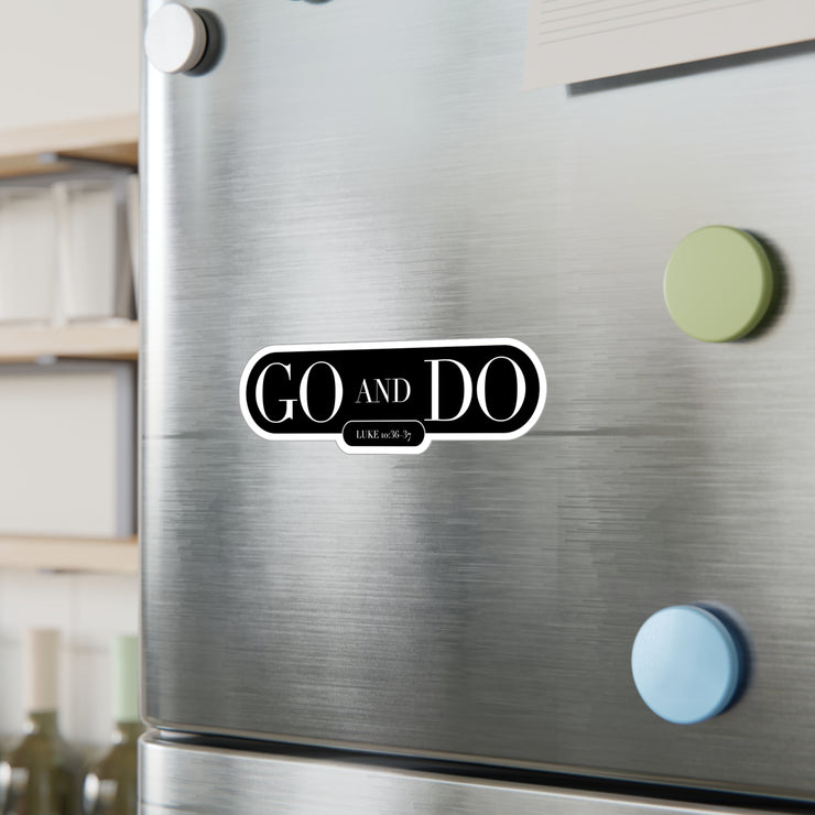 Vinyl decal with Go and Do graphic based on Luke 10:36