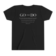 Black t-shirt with white text on a white background