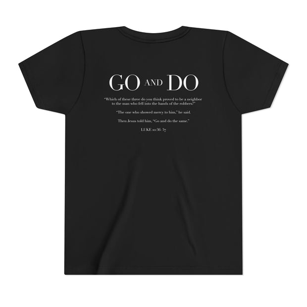 Black t-shirt with white text on a white background