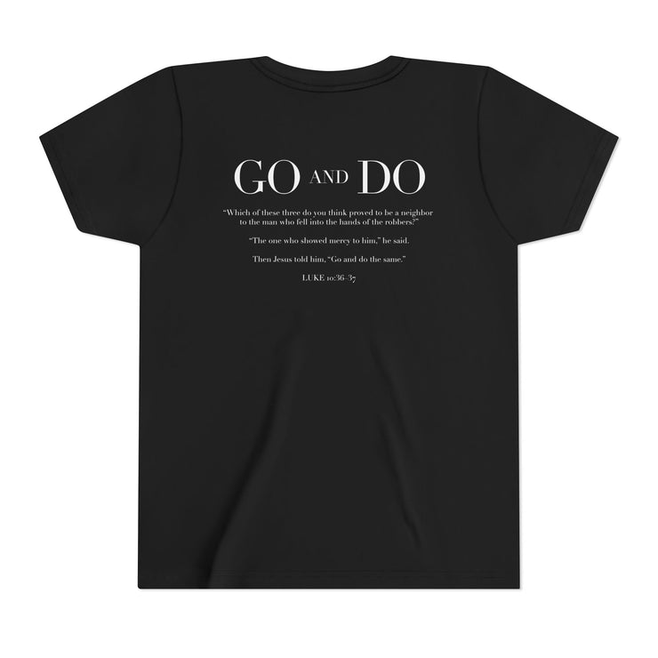 Black t-shirt with white text on a white background