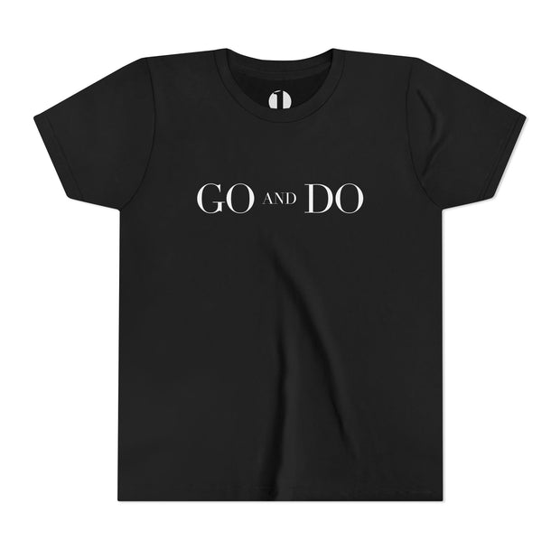 Black t-shirt with 'GO AND DO' text on a white background