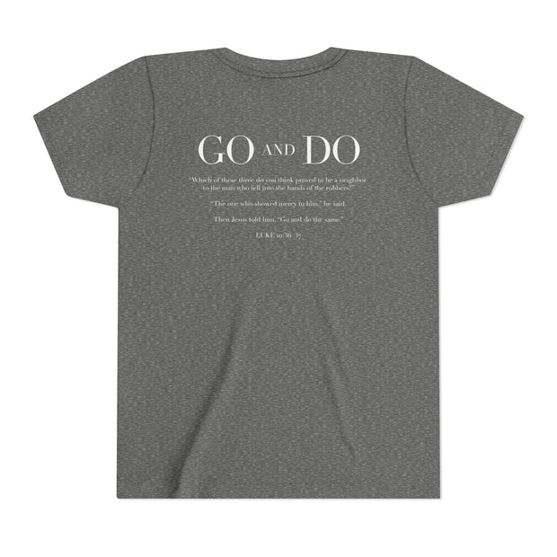 Heather Gray t-shirt with text on the back on a white background