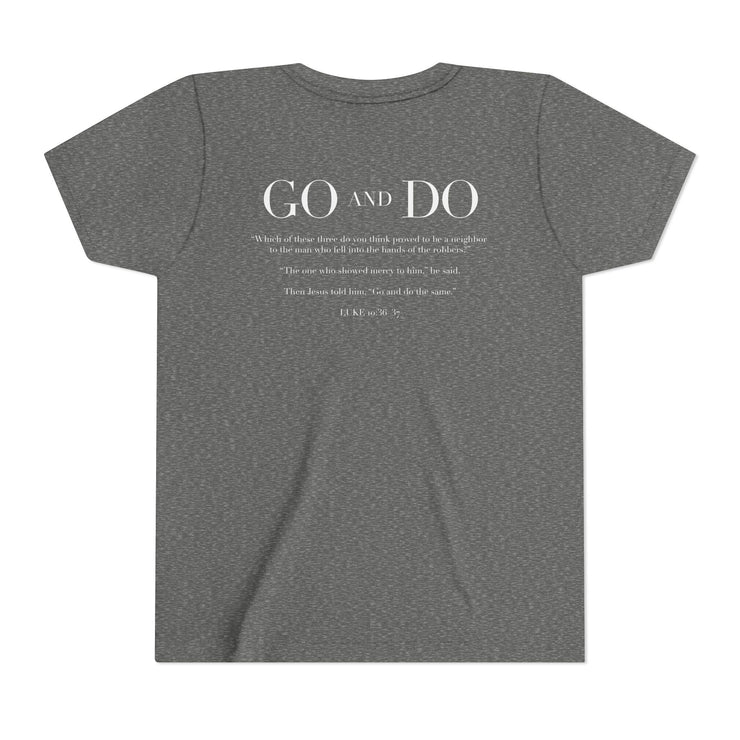 Heather Gray t-shirt with text on the back on a white background