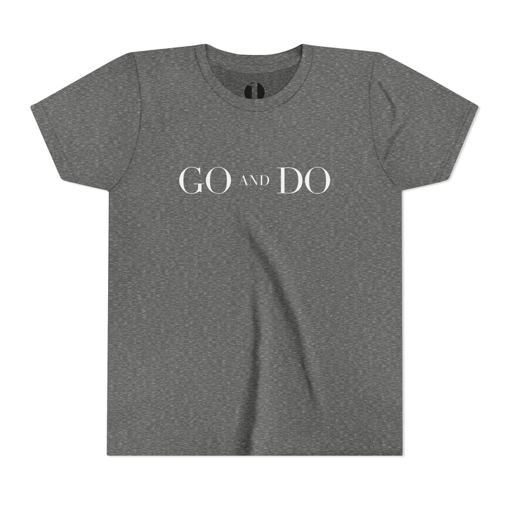 Heather Gray t-shirt with 'GO AND DO' text on a white background