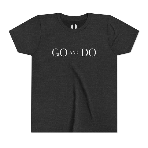 Heather Gray t-shirt with 'GO AND DO' text on a white background