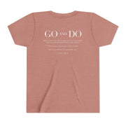 Mauve t-shirt with text on the back on a white background