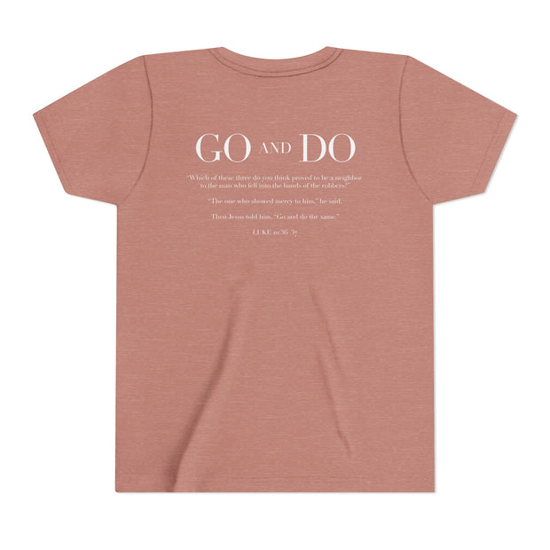 Mauve t-shirt with text on the back on a white background