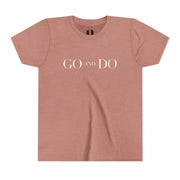 Mauve t-shirt with 'GO AND DO' text on a white background