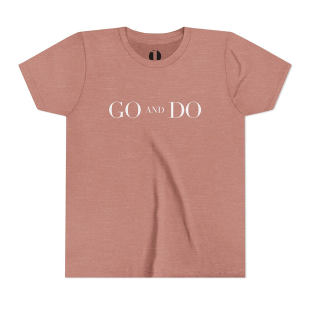 Mauve t-shirt with 'GO AND DO' text on a white background