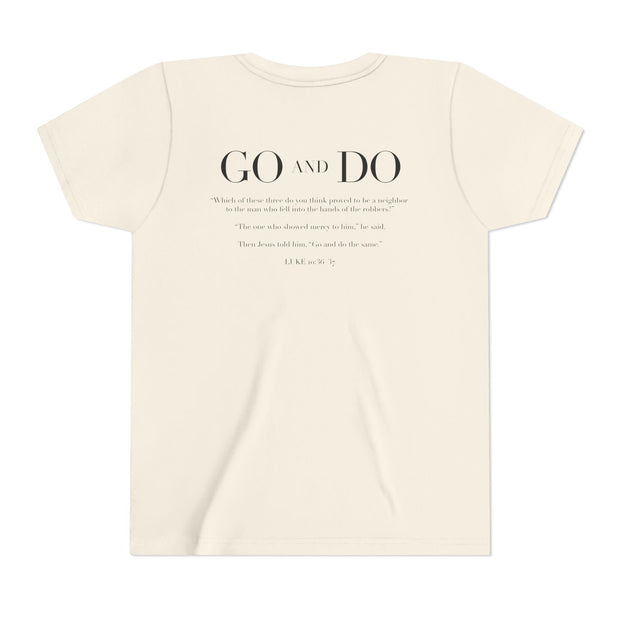 Cream t-shirt with text on a white background