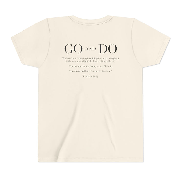 Cream t-shirt with text on a white background