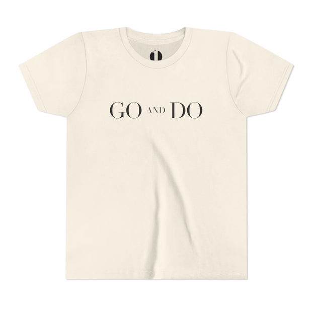 Cream t-shirt with 'GO AND DO' text on a white background