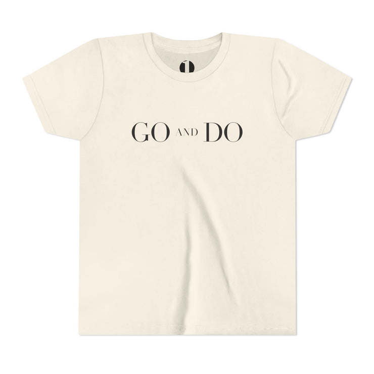 Cream t-shirt with 'GO AND DO' text on a white background
