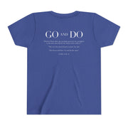 Blue t-shirt with text on the back on a white background