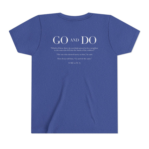 Blue t-shirt with text on the back on a white background