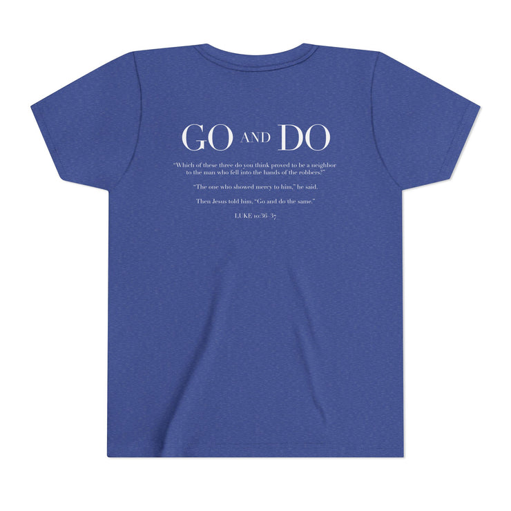 Blue t-shirt with text on the back on a white background