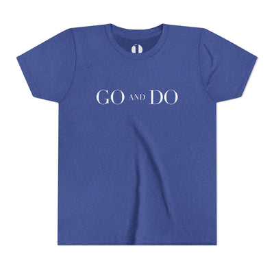 Blue t-shirt with 'GO AND DO' text on a white background