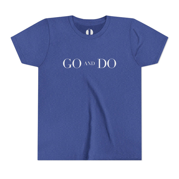 Blue t-shirt with 'GO AND DO' text on a white background