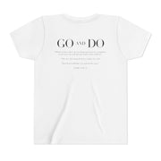 White t-shirt with black text on a white background