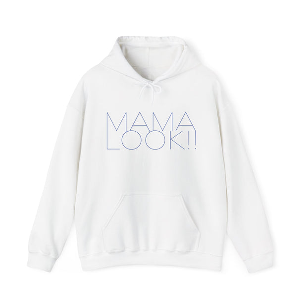 White hoodie with 'MAMA LOOK!' graphic