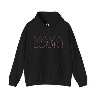 Black hoodie with 'MAMA LOOK!' graphic