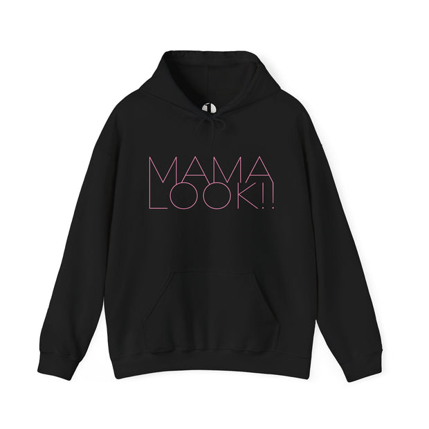 Black hoodie with 'MAMA LOOK!' graphic