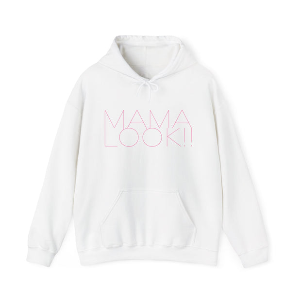 White hoodie with 'MAMA LOOK!' graphic