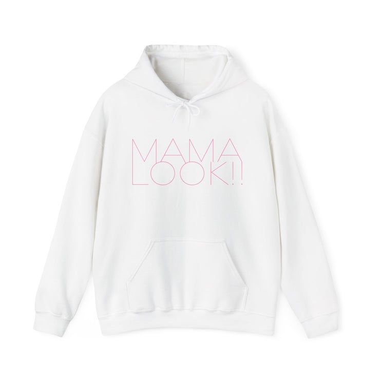 White hoodie with 'MAMA LOOK!' graphic