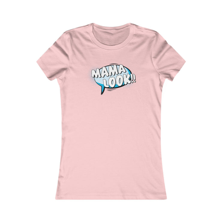 Soft pink womens tee for boy moms with Mama Look graphic