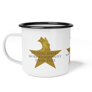 White campsite mug with Hamilton-inspired graphic saying My Dog Speaks More Eloquently Than Thee