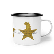 White campsite mug with Hamilton-inspired graphic saying My Dog Speaks More Eloquently Than Thee