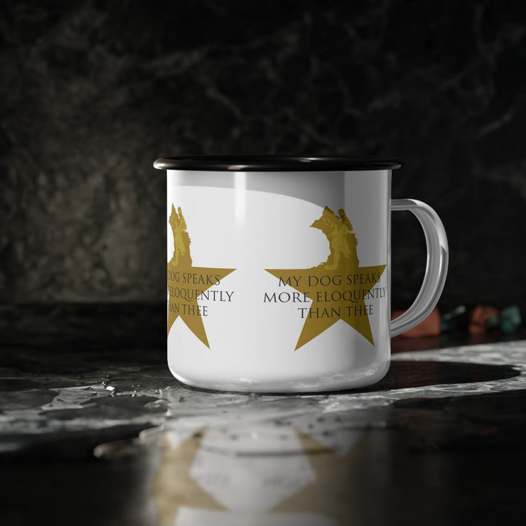 White campsite mug with Hamilton-inspired graphic saying My Dog Speaks More Eloquently Than Thee