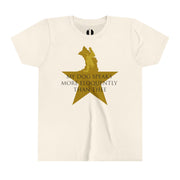 Natural youth t-shirt with Hamilton-inspired graphic saying My Dog Speaks More Eloquently Than Thee